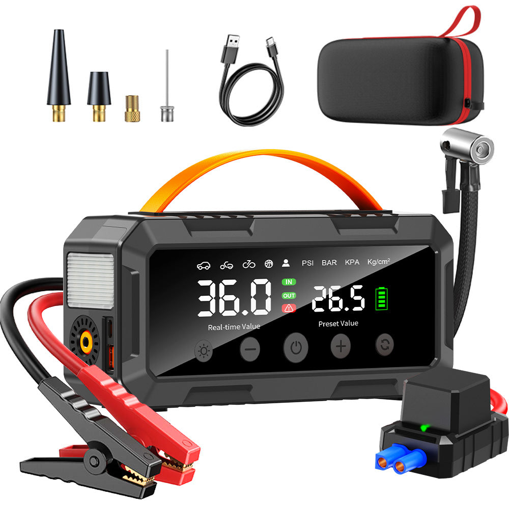 8000amp 25mm Dual Cylinder Pump 10000mah 12v Booster Smart Air Compressor Power Bank Car Battery Jump Starter