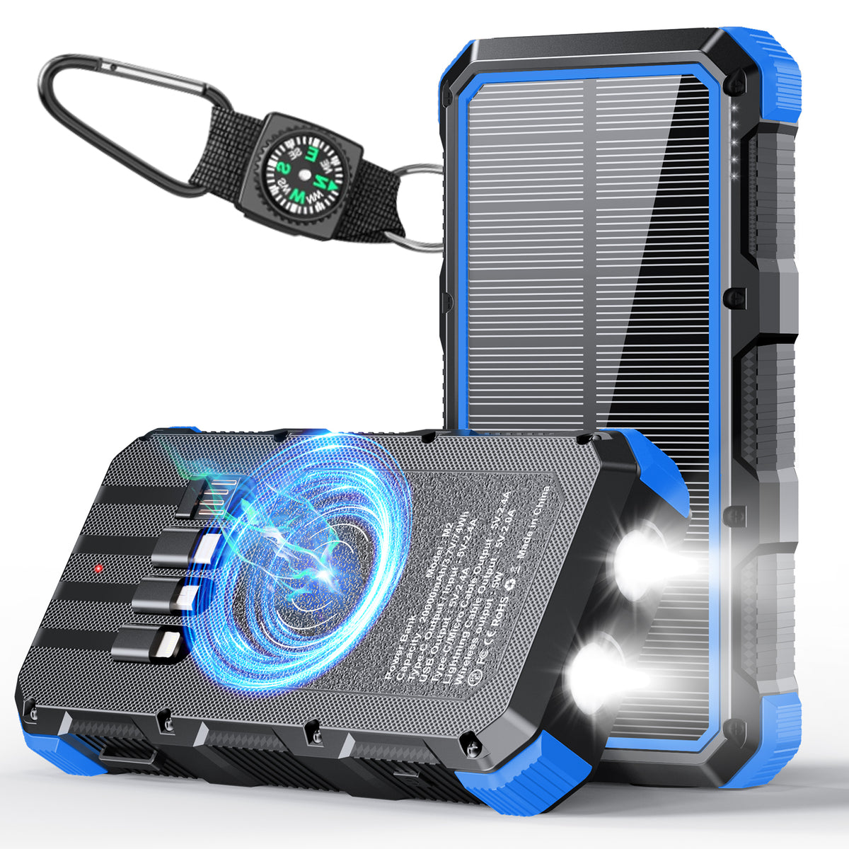 Solar Panel Wireless Portable Charger Phone Tablet Flashlight Fast Charging Built In Cables Power Bank 20000mah