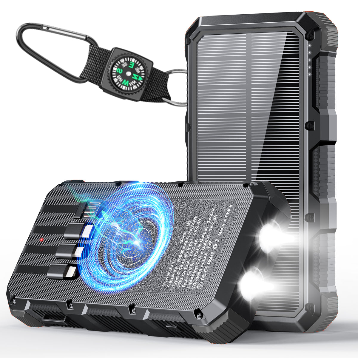 Solar Panel Wireless Portable Charger Phone Tablet Flashlight Fast Charging Built In Cables Power Bank 20000mah