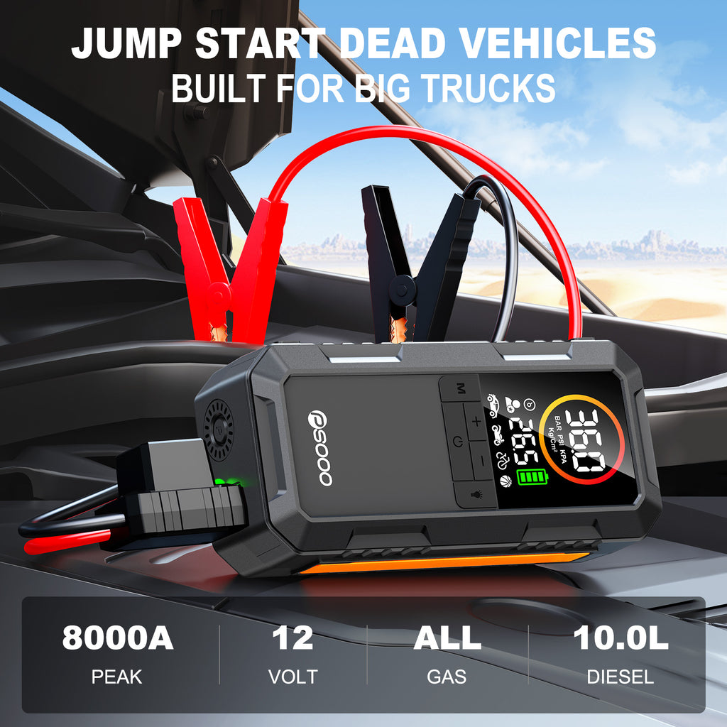 8000a 25mm Dual Cylinder Air Compressor 150psi Smart Car 12v Battery Booster 10000mah Tire Inflator Pump Power Bank Jump Starter