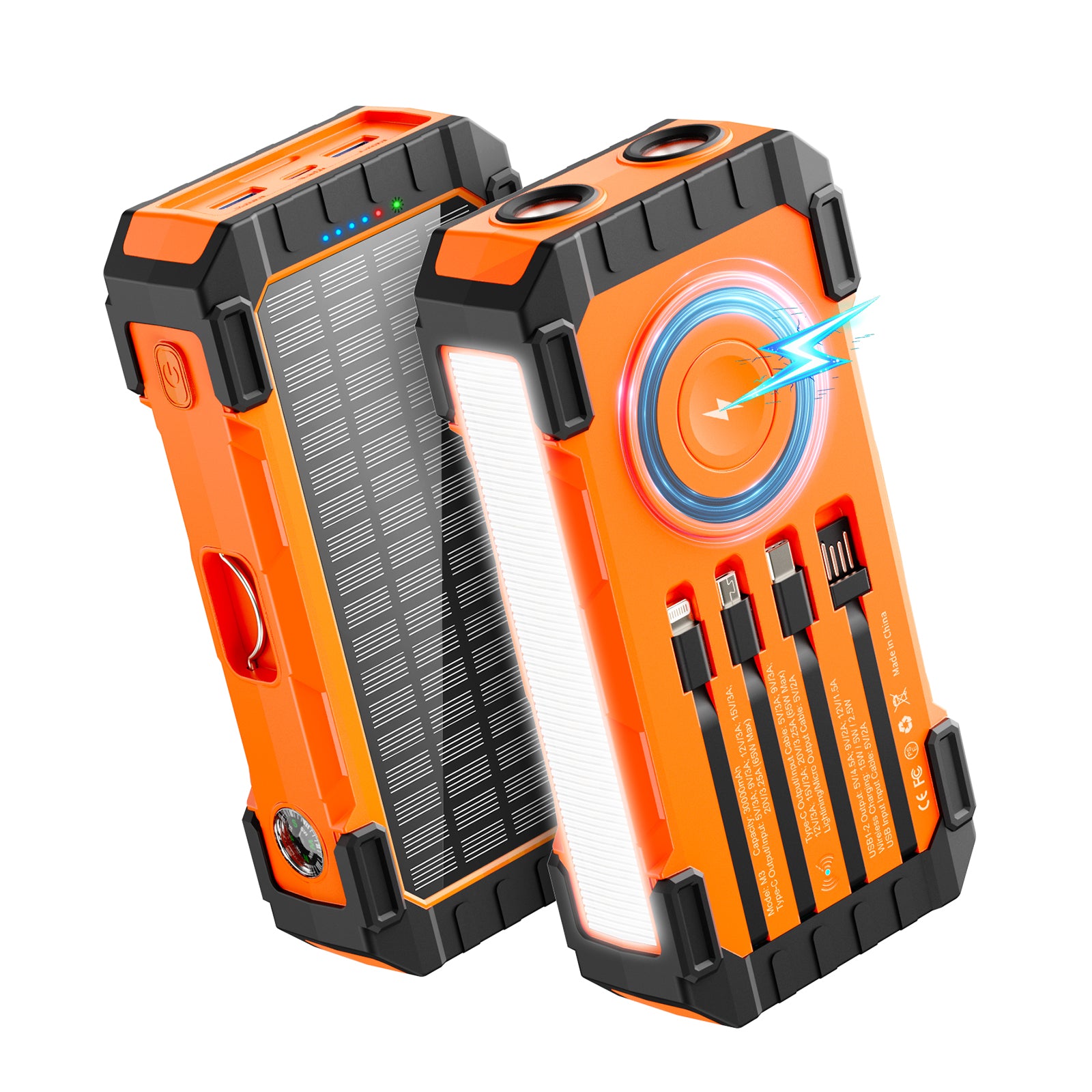 Laptops Solar Panel Wireless Fast Charging 65w 45w 22.5w 15w Portable Built in Cables 30000mah Power Bank With Cable