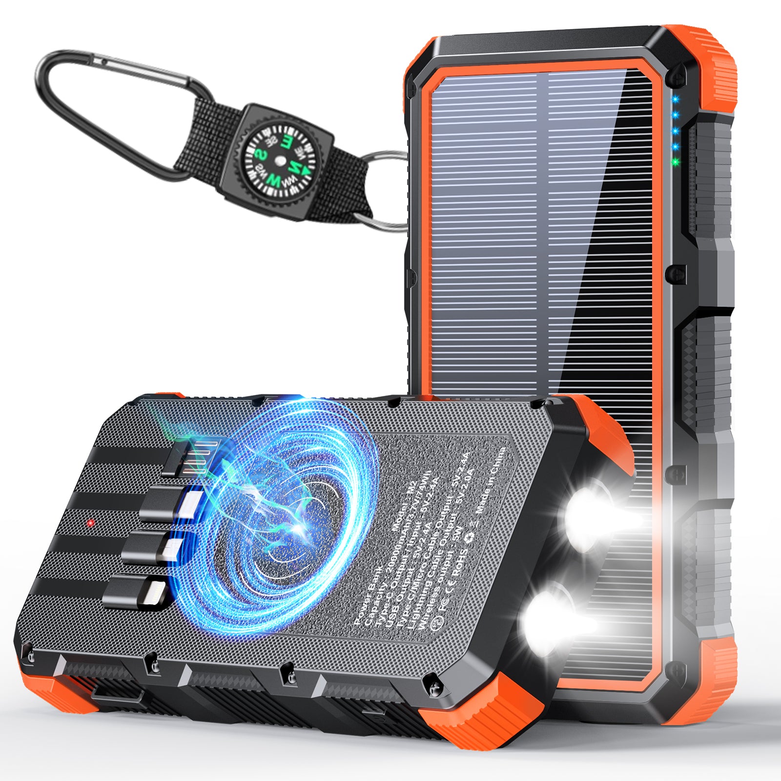 Solar Panel Wireless Portable Charger Phone Tablet Flashlight Fast Charging Built In Cables Power Bank 20000mah
