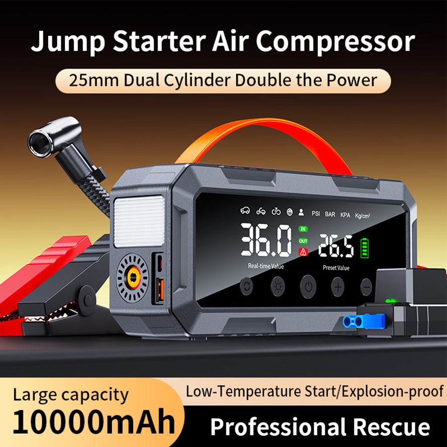 8000amp 25mm Dual Cylinder Pump 10000mah 12v Booster Smart Air Compressor Power Bank Car Battery Jump Starter