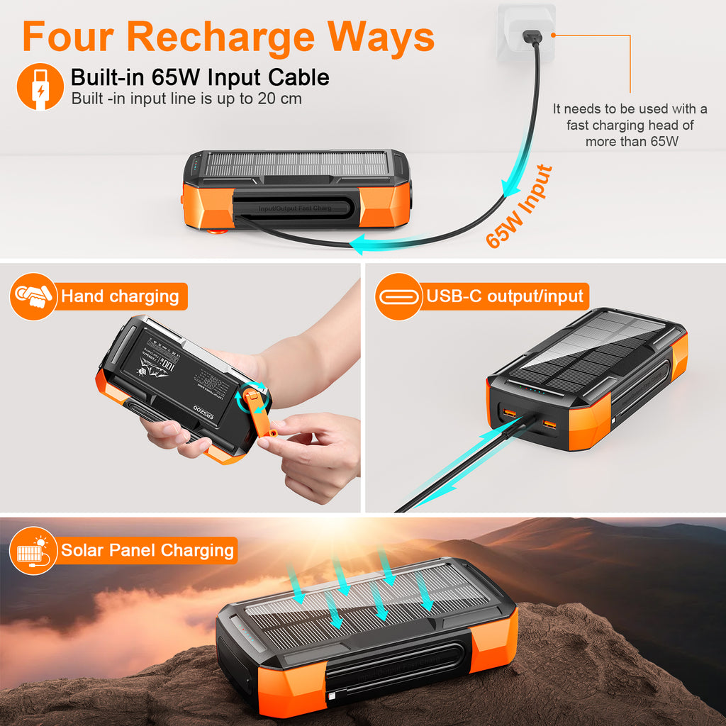 Trending 100w Solar Hand Crank Power Banks Built in Cables Light Fast Charging 65w Portable Battery 40000mah Laptop Power Bank