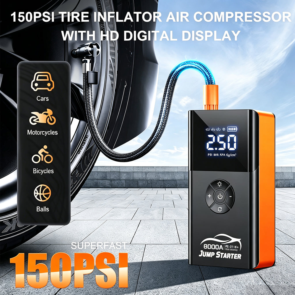 Multifunction Car 150psi Tire Inflator Smart 12v Battery Power Bank Super Jump Starter Air Compressor