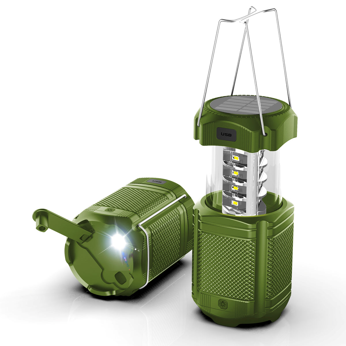 PSOOO Rechargeable Solar Hand Crank 3 Flashlight Waterproof Foldable Hanging Hook Battery Phone Power Bank Led Camping Lanterns