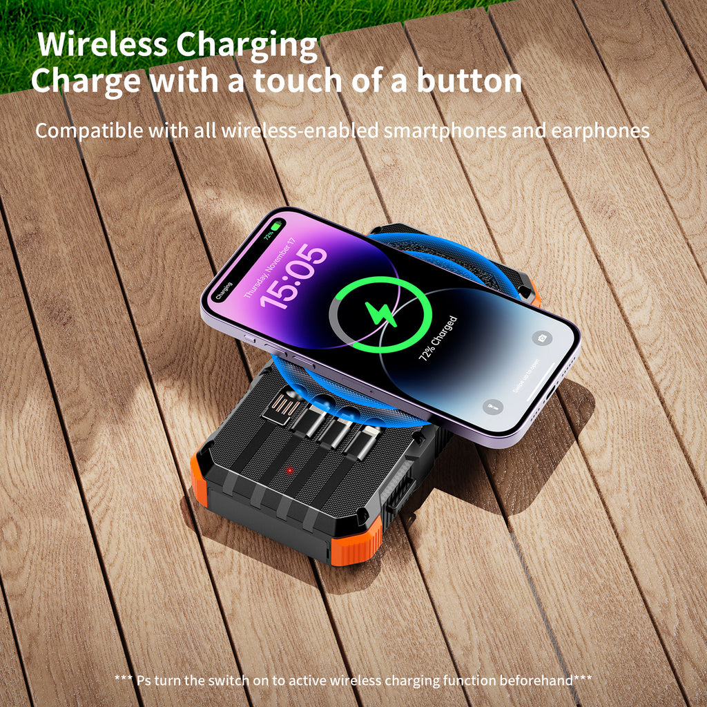 Solar Panel Wireless Portable Charger Phone Tablet Flashlight Fast Charging Built In Cables Power Bank 20000mah