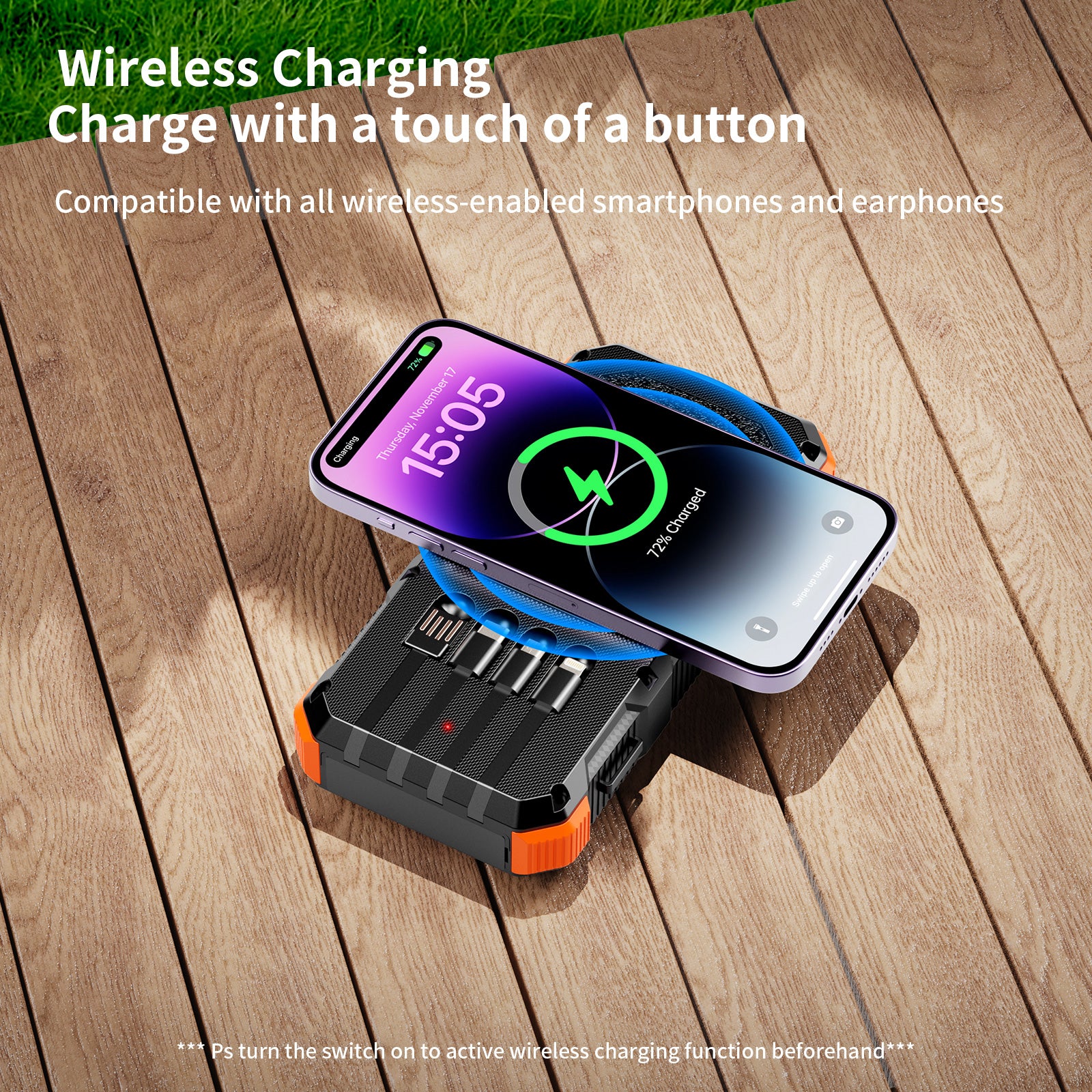 Solar Panel Wireless Portable Charger Phone Tablet Flashlight Fast Charging Built In Cables Power Bank 20000mah