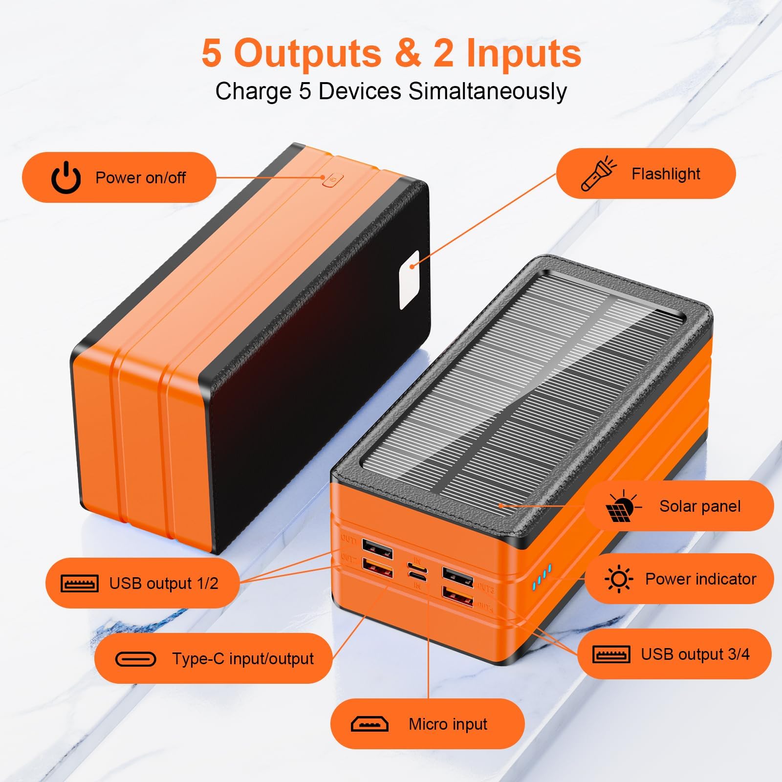 Pd 22.5w Solar Power Bank High Capacity Panel Charger Flashlight Qc 3.0 18w Fast Charging Waterproof Powerbank