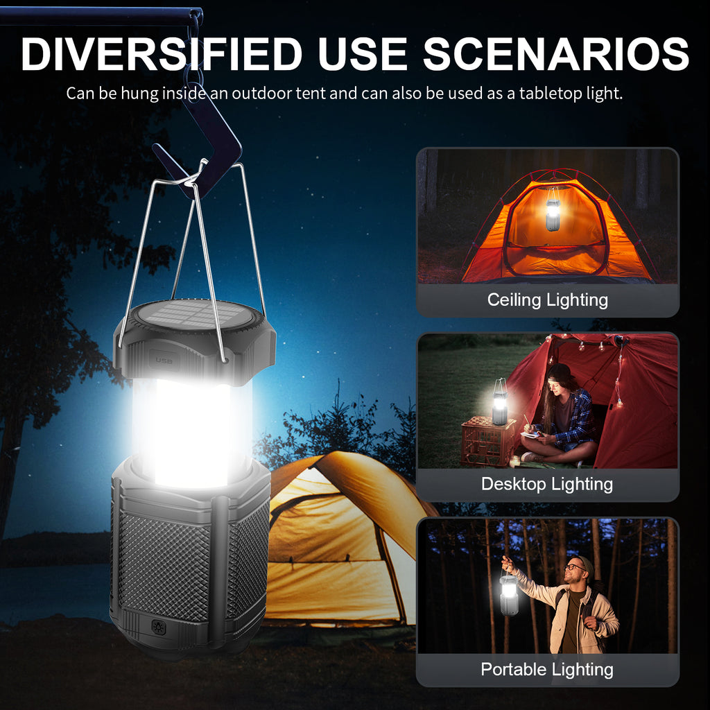 PSOOO Rechargeable Solar Hand Crank 3 Flashlight Waterproof Foldable Hanging Hook Battery Phone Power Bank Led Camping Lanterns