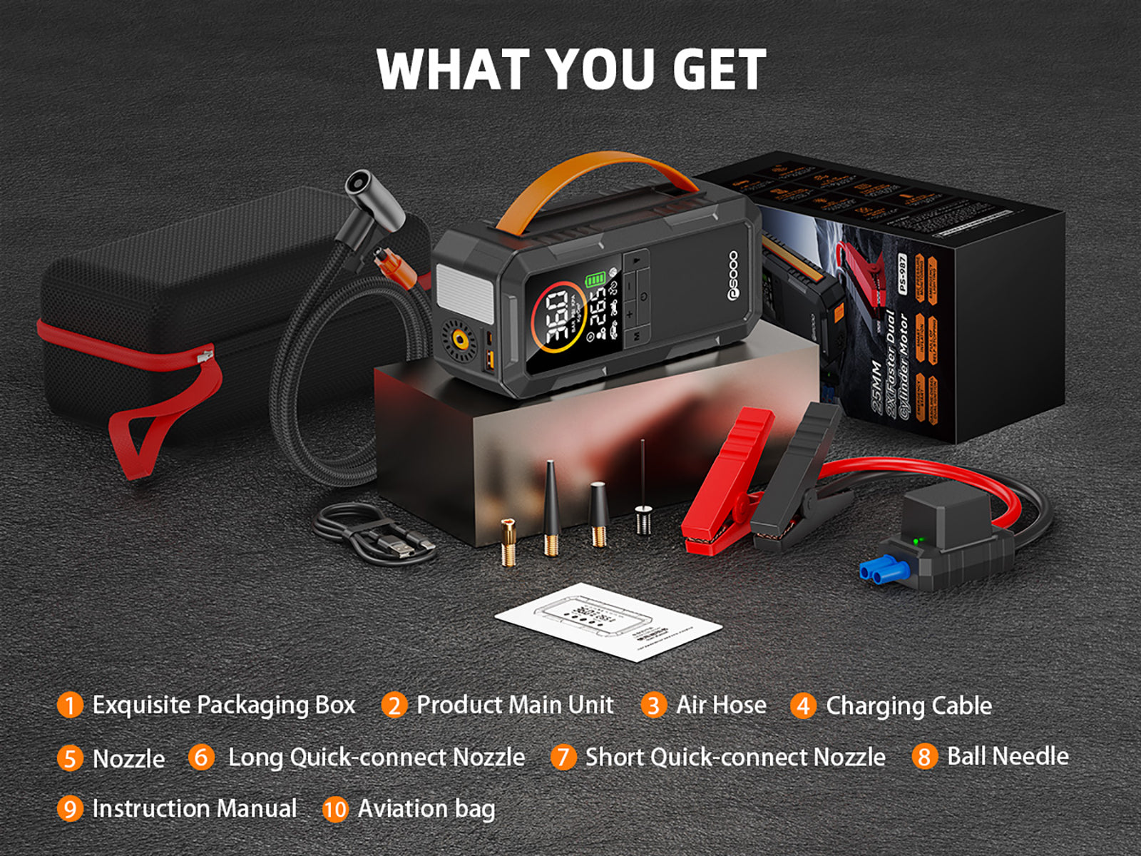 8000a 25mm Dual Cylinder Air Compressor 150psi Smart Car 12v Battery Booster 10000mah Tire Inflator Pump Power Bank Jump Starter