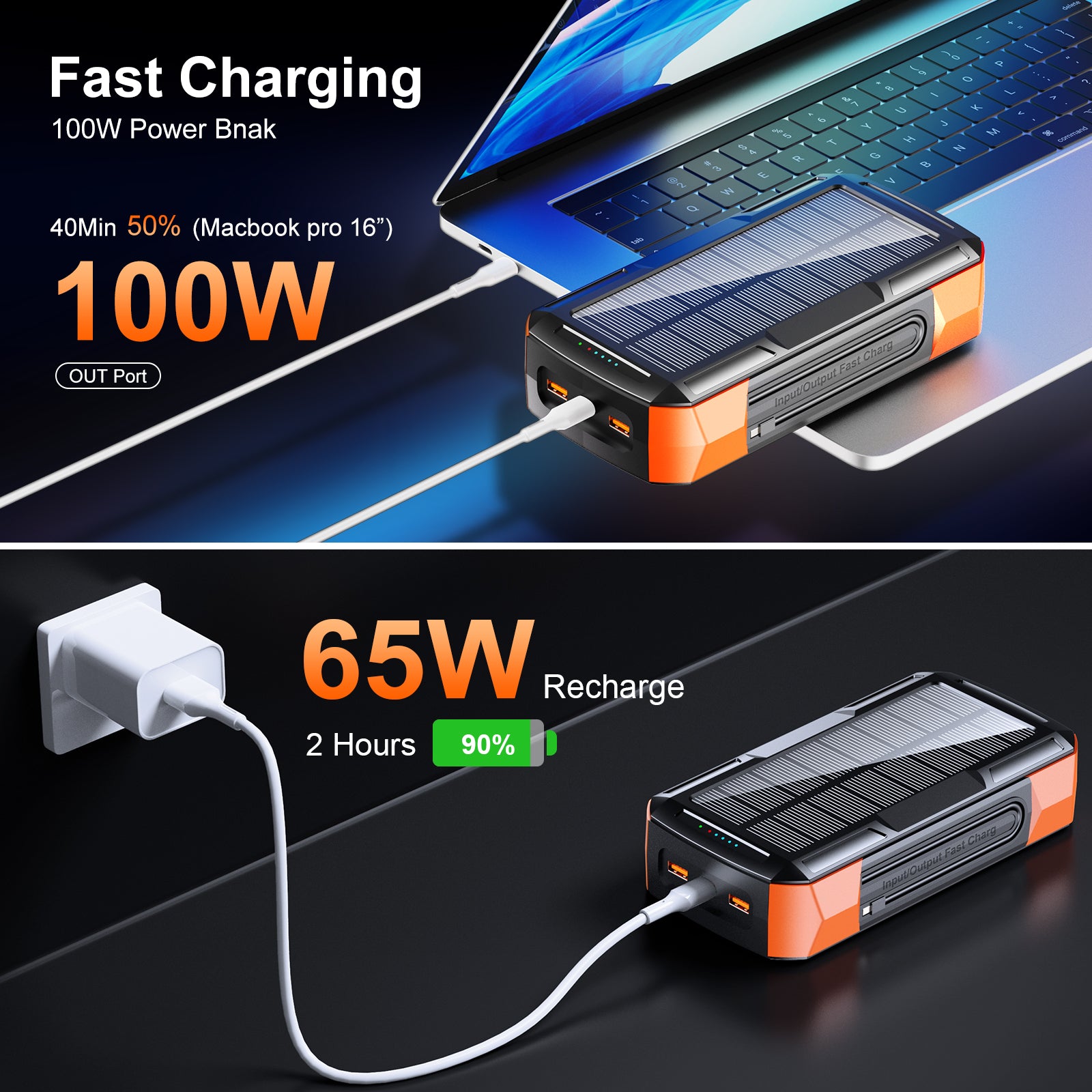 Trending 100w Solar Hand Crank Power Banks Built in Cables Light Fast Charging 65w Portable Battery 40000mah Laptop Power Bank
