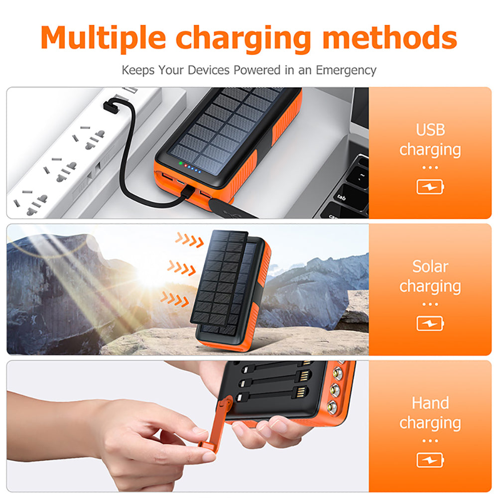 Hot Selling Hand Crank Powerbank Built In Cable Fast Charging Charger Led Light Battery 30000mah 20000 Waterproof Solar Power Bank