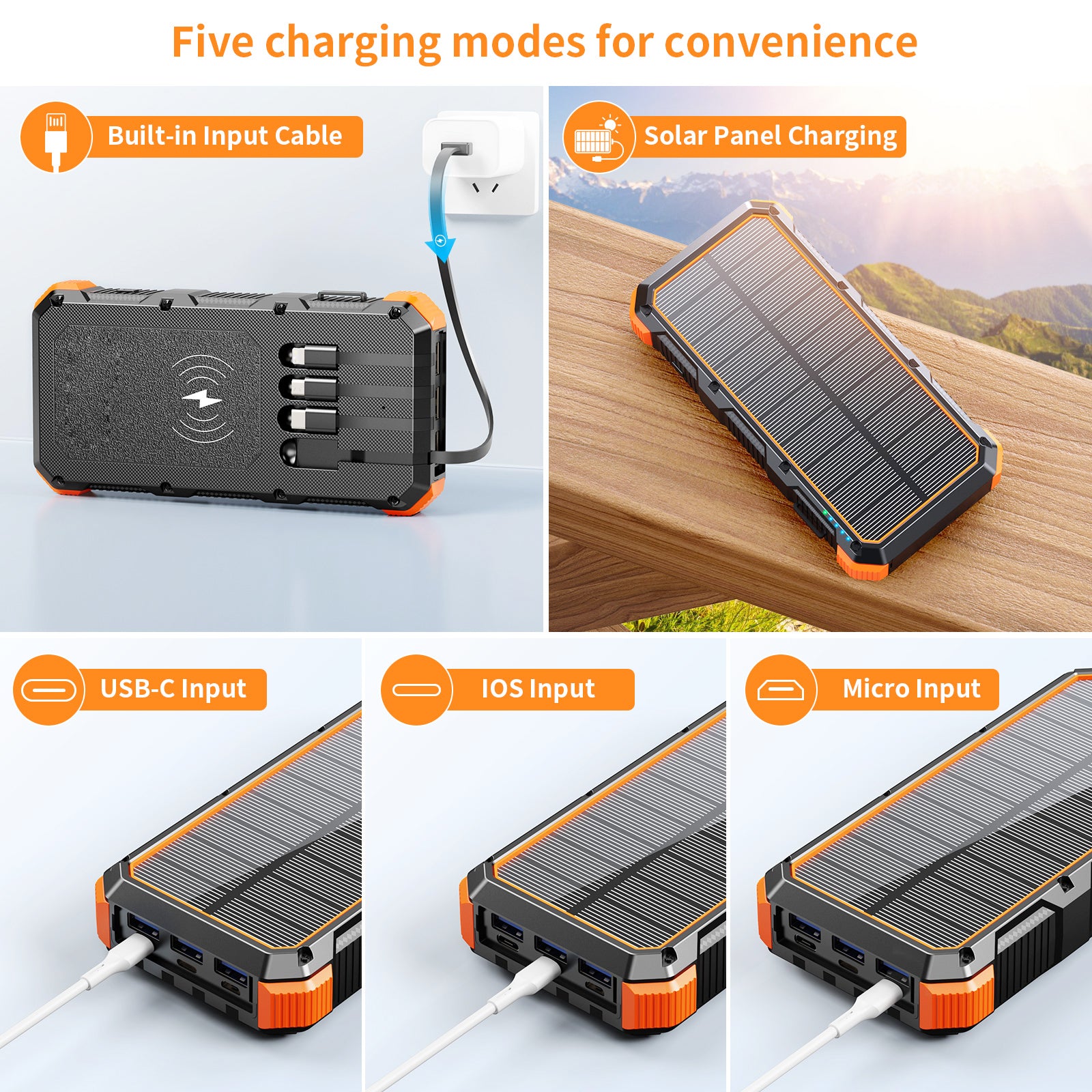 Solar Panel Wireless Portable Charger Phone Tablet Flashlight Fast Charging Built In Cables Power Bank 20000mah