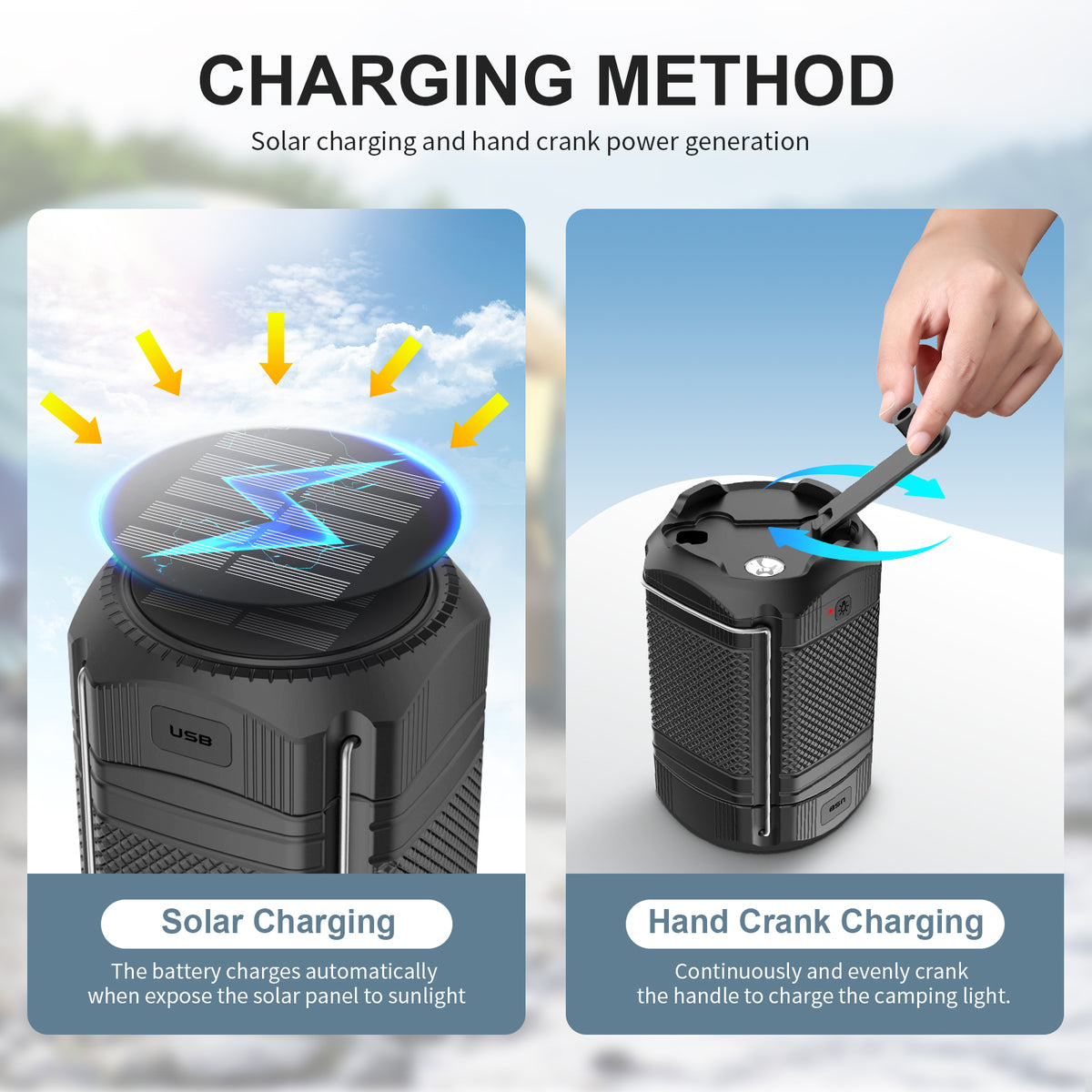 PSOOO Rechargeable Solar Hand Crank 3 Flashlight Waterproof Foldable Hanging Hook Battery Phone Power Bank Led Camping Lanterns