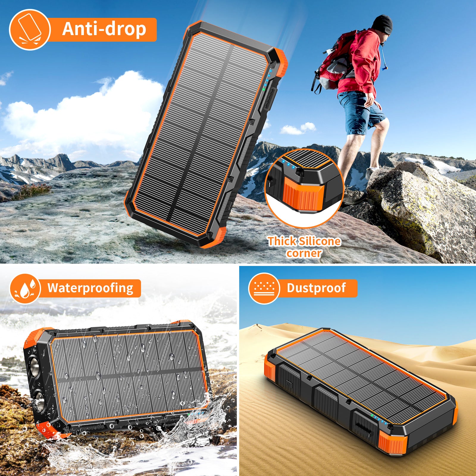 Solar Panel Wireless Portable Charger Phone Tablet Flashlight Fast Charging Built In Cables Power Bank 20000mah