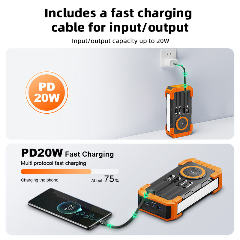 Pd 22.5w Solar Wireless Portable Charger Phone Tablet Flashlight Fast Charging Panel 15w 30000mah Power Bank With Cable