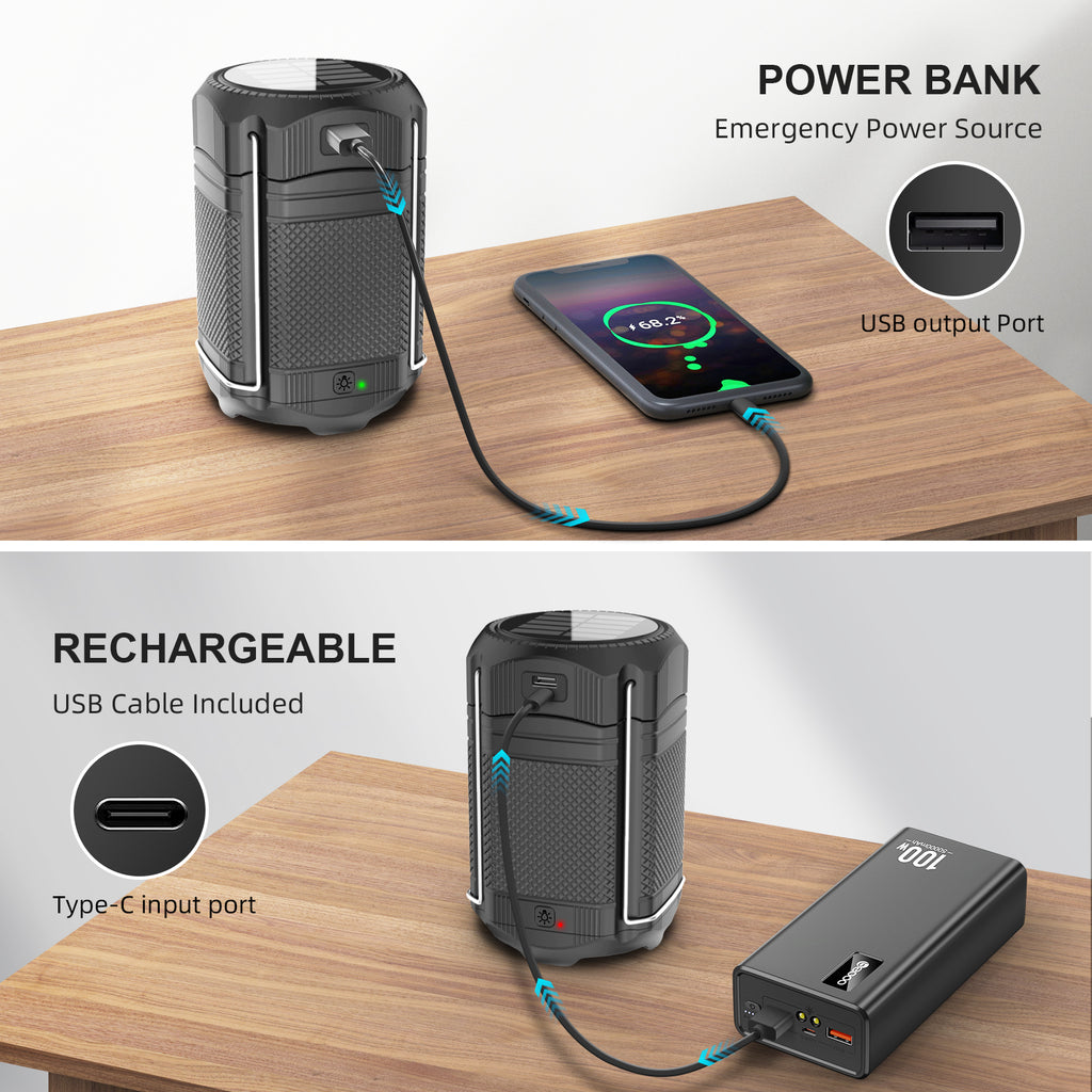 PSOOO Rechargeable Solar Hand Crank 3 Flashlight Waterproof Foldable Hanging Hook Battery Phone Power Bank Led Camping Lanterns