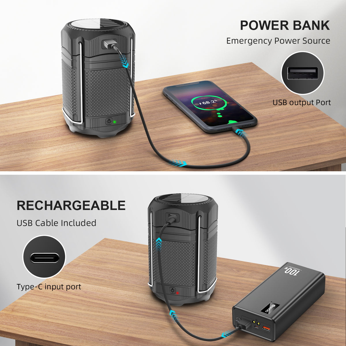 PSOOO Rechargeable Solar Hand Crank 3 Flashlight Waterproof Foldable Hanging Hook Battery Phone Power Bank Led Camping Lanterns