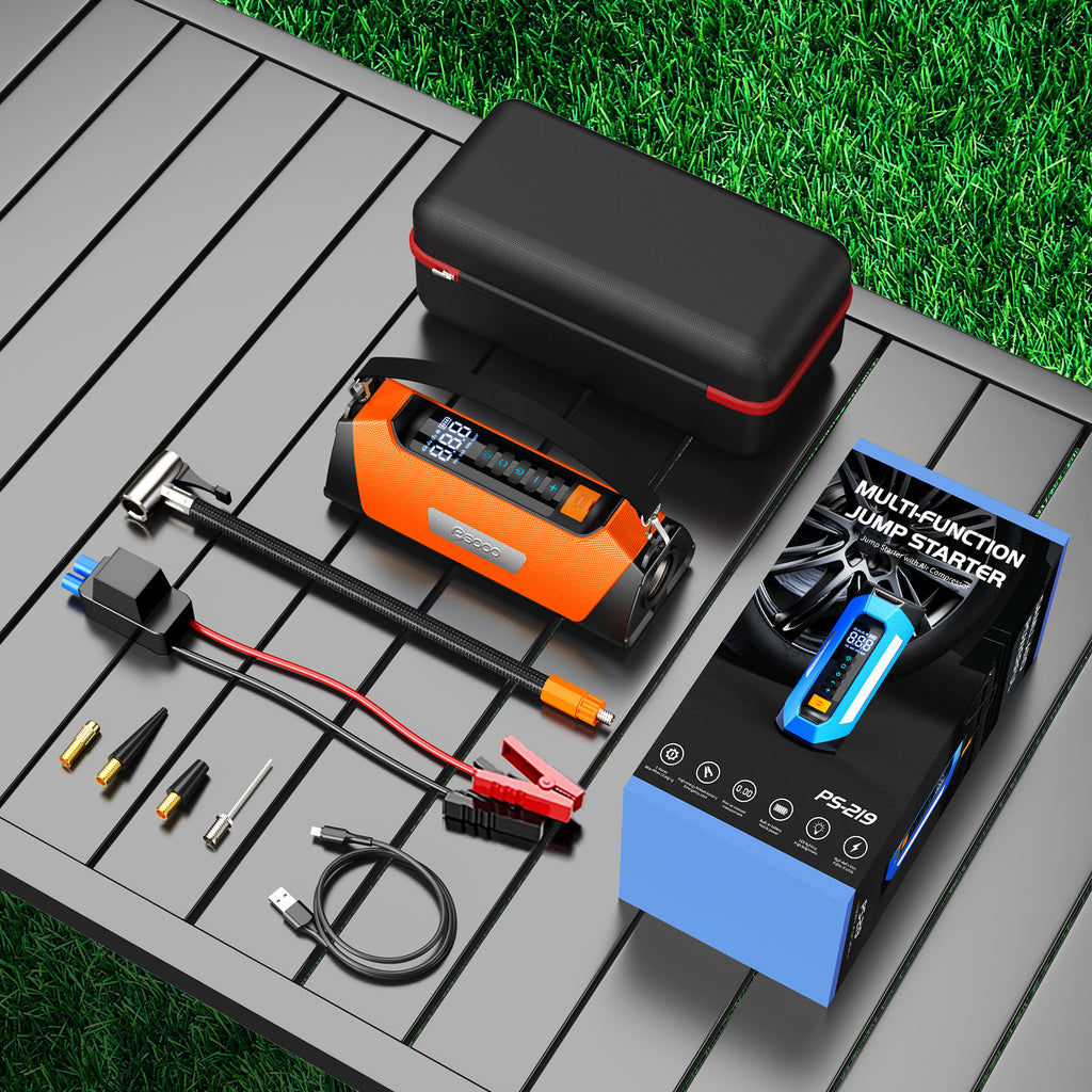 PSOOO 8000a Car Jumper 200psi UL Tire Inflator Pump 12v Battery Booster Super Capacitor Power Bank Jump Starter Air Compressor