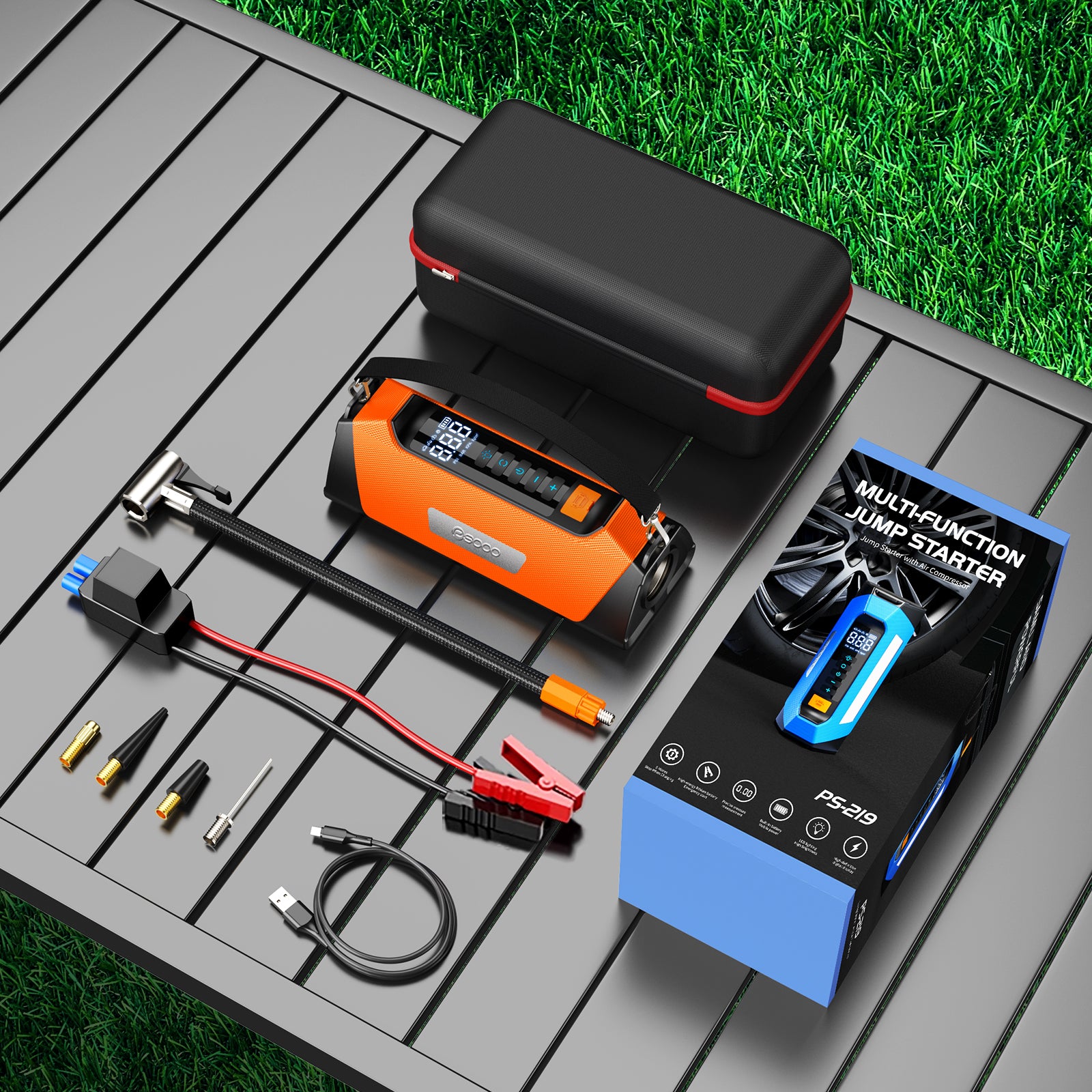 PSOOO 8000a Car Jumper 200psi UL Tire Inflator Pump 12v Battery Booster Super Capacitor Power Bank Jump Starter Air Compressor