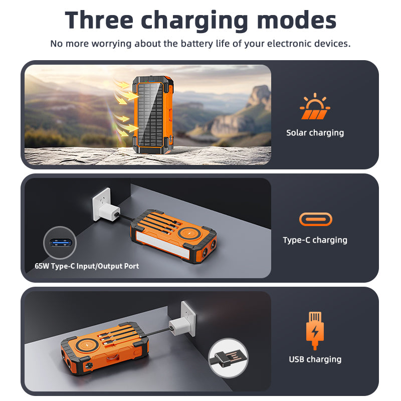 Laptops Solar Panel Wireless Fast Charging 65w 45w 22.5w 15w Portable Built in Cables 30000mah Power Bank With Cable
