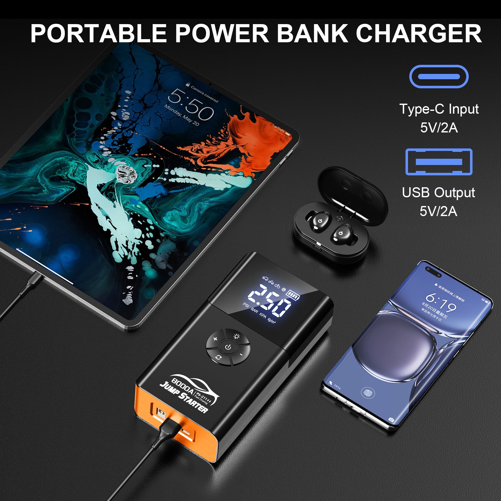 Multifunction Car 150psi Tire Inflator Smart 12v Battery Power Bank Super Jump Starter Air Compressor