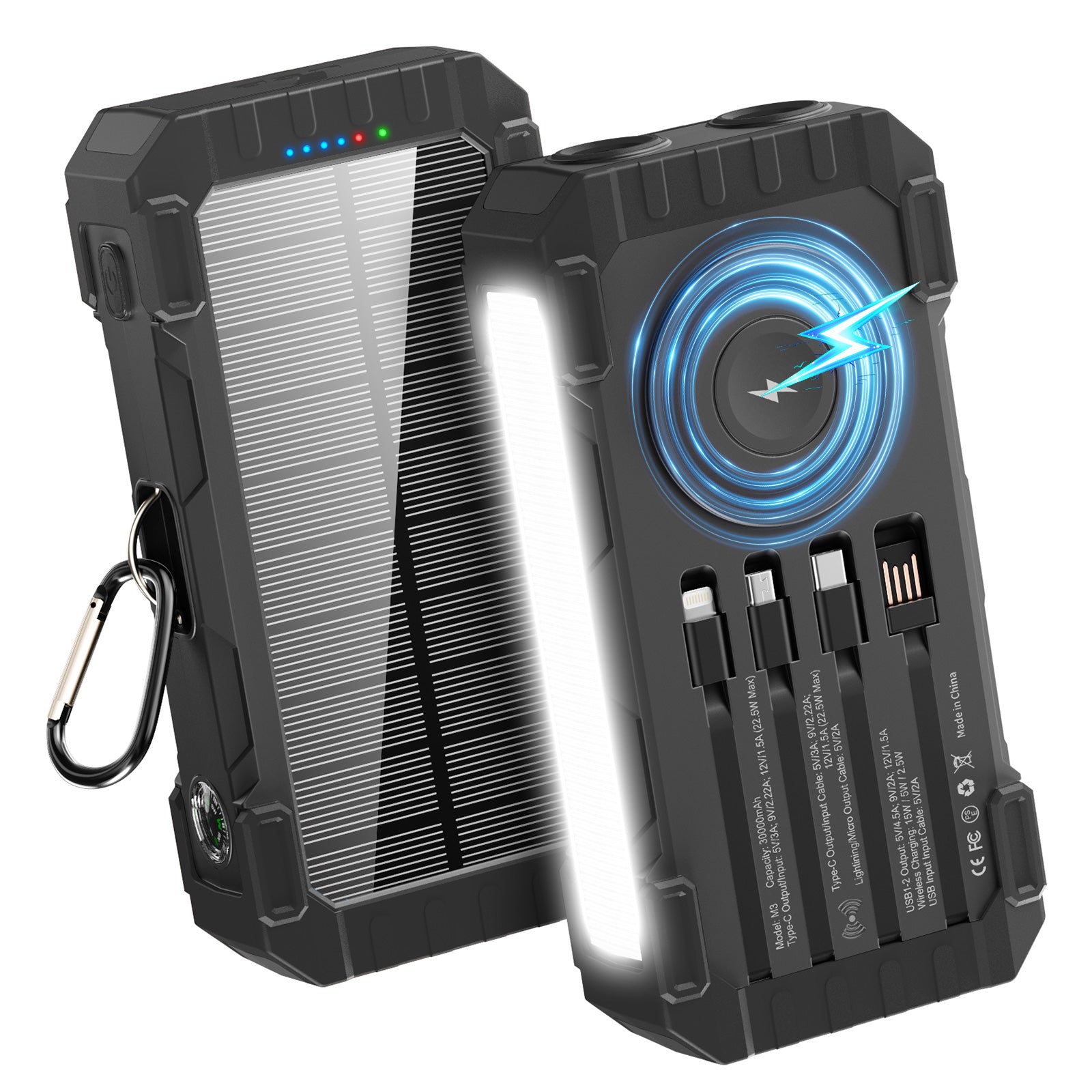 Laptops Solar Panel Wireless Fast Charging 65w 45w 22.5w 15w Portable Built in Cables 30000mah Power Bank With Cable