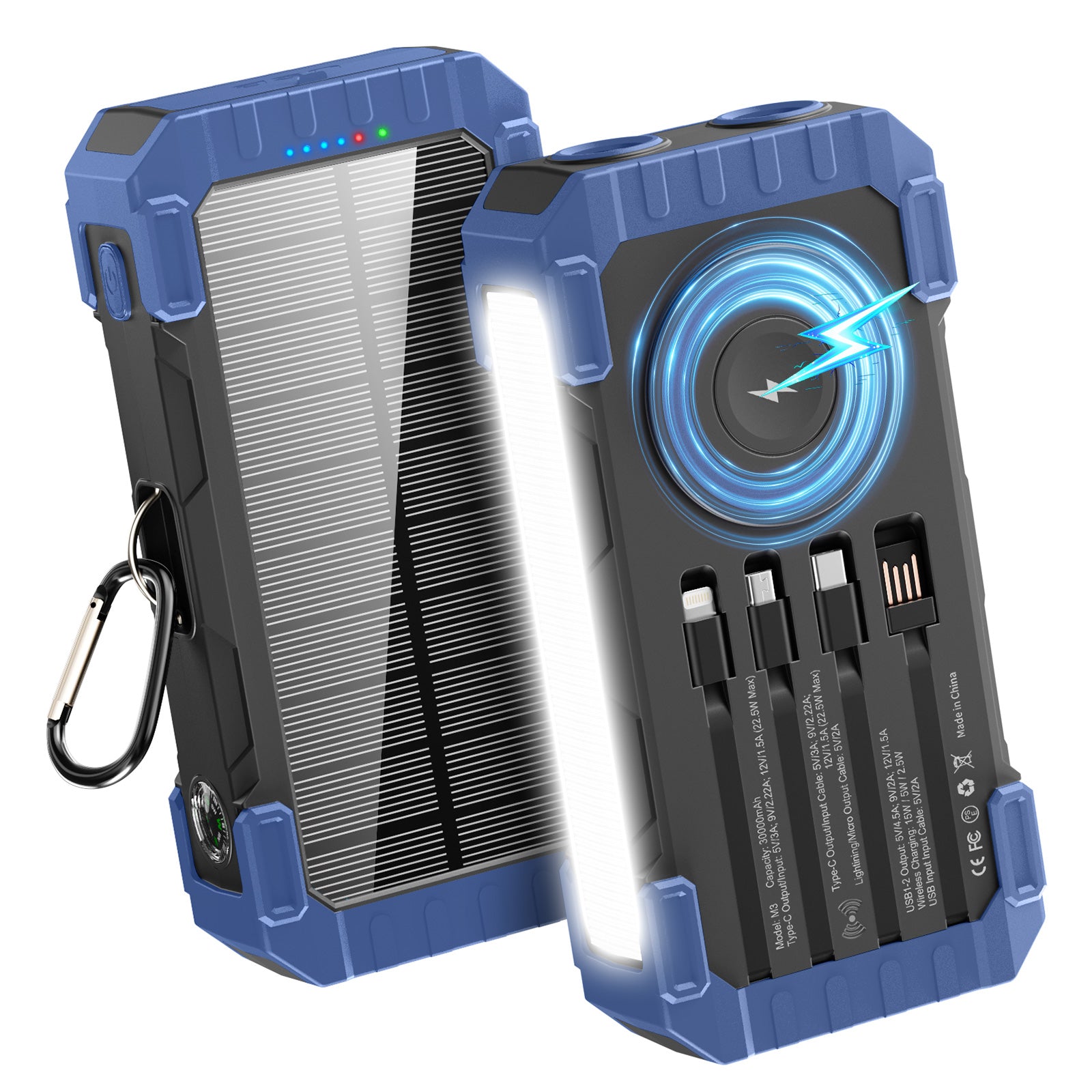 Laptops Solar Panel Wireless Fast Charging 65w 45w 22.5w 15w Portable Built in Cables 30000mah Power Bank With Cable