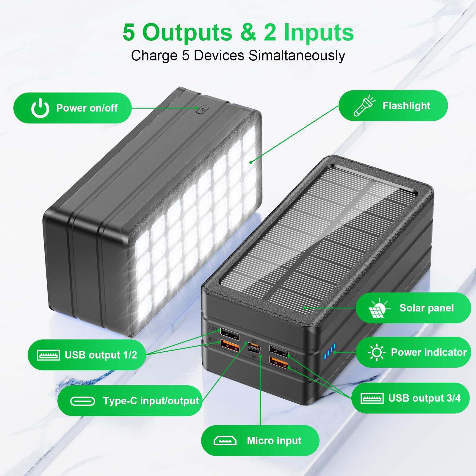 Pd 22.5w Solar Power Bank Phone USB 500000mah 30000mah Portable Flashlight Waterproof 20000mah Powerbank for Camping