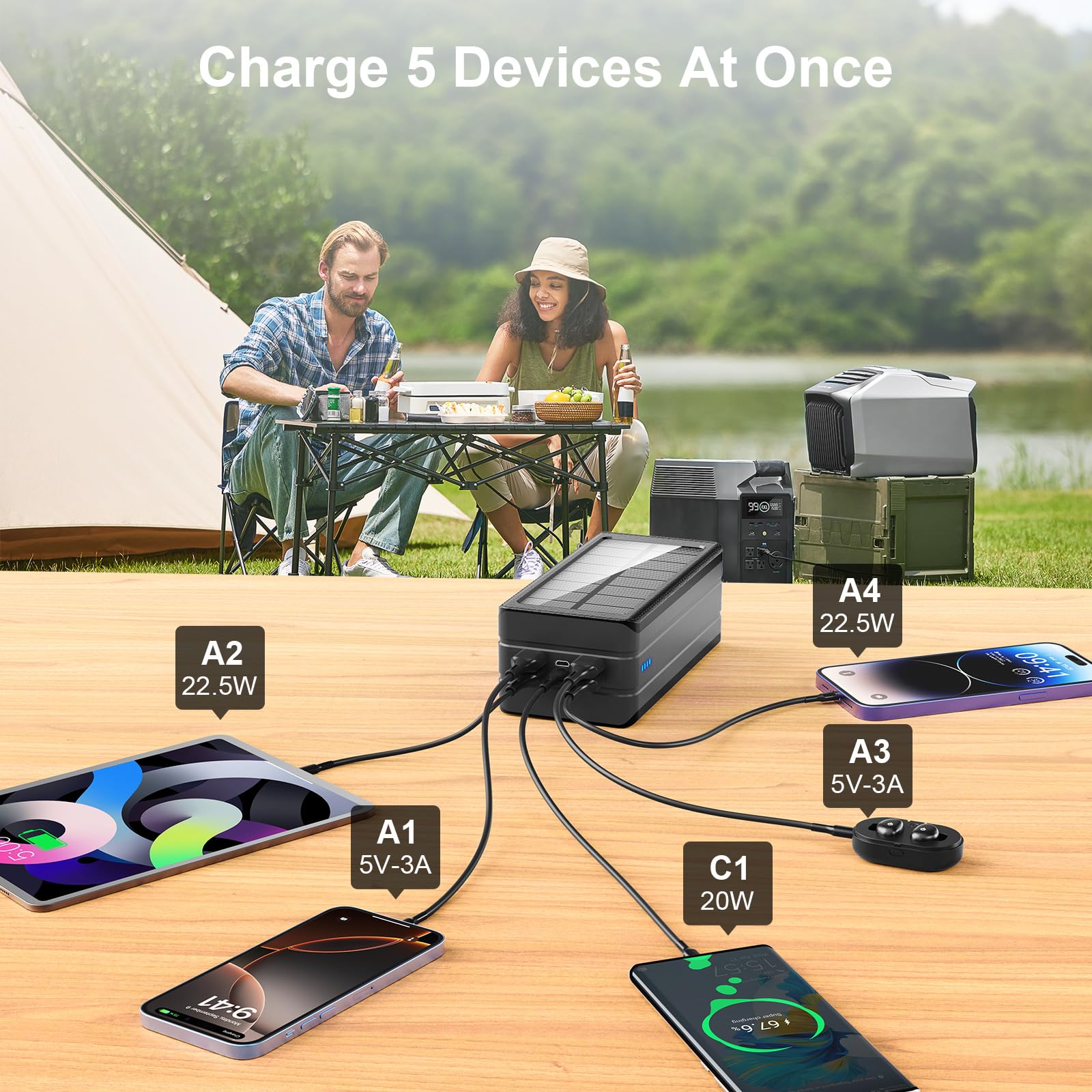 Pd 22.5w Solar Power Bank Phone USB 500000mah 30000mah Portable Flashlight Waterproof 20000mah Powerbank for Camping